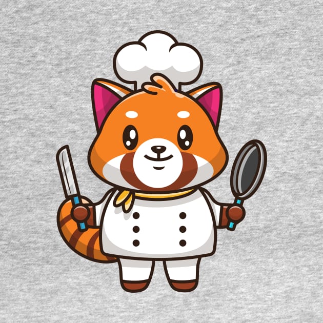Cute Red Panda Chef Holding Pan And Knife Cartoon by Catalyst Labs
